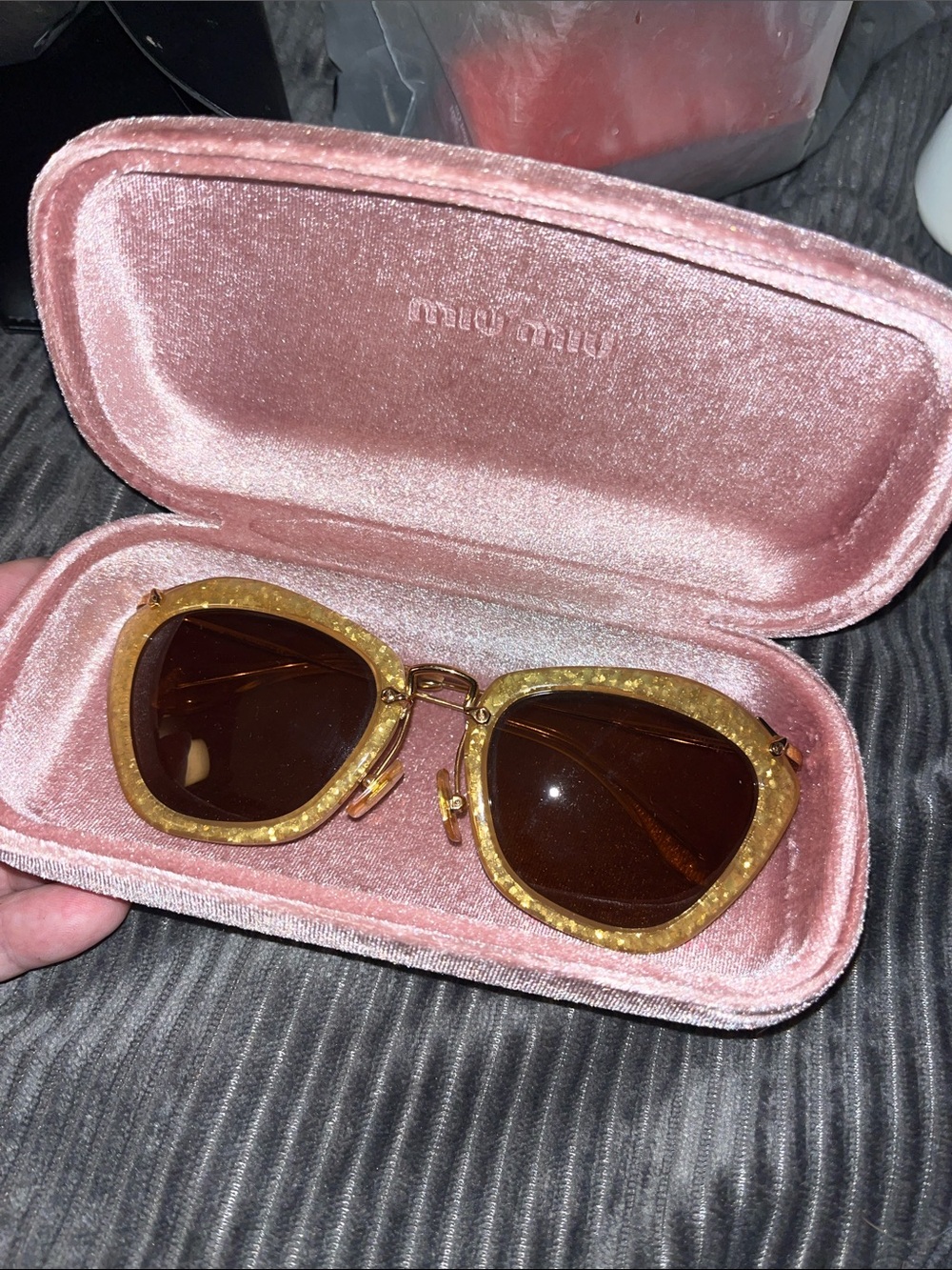 Miu Miu Gold Glitter Frame Sunglasses with Brown Lenses